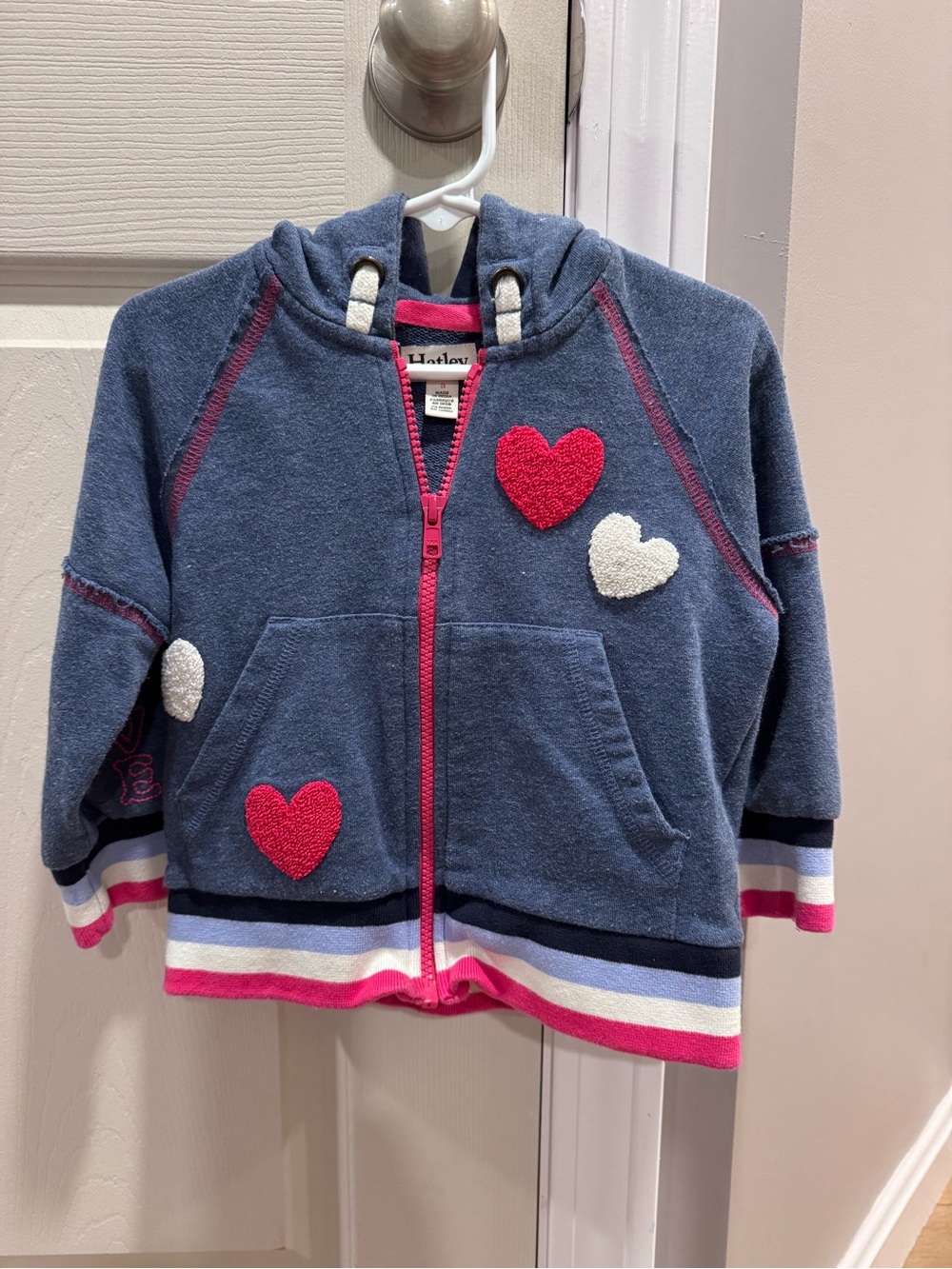 Hatley Blue Zip-Up Hoodie with Pink & White Heart Appliqués